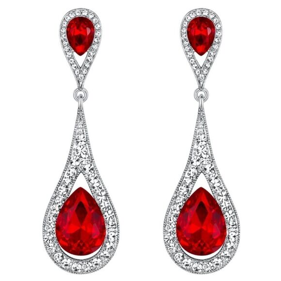 Silver with Ruby Red and White Diamond Austrian Crystal Dual Teardrop Earrings